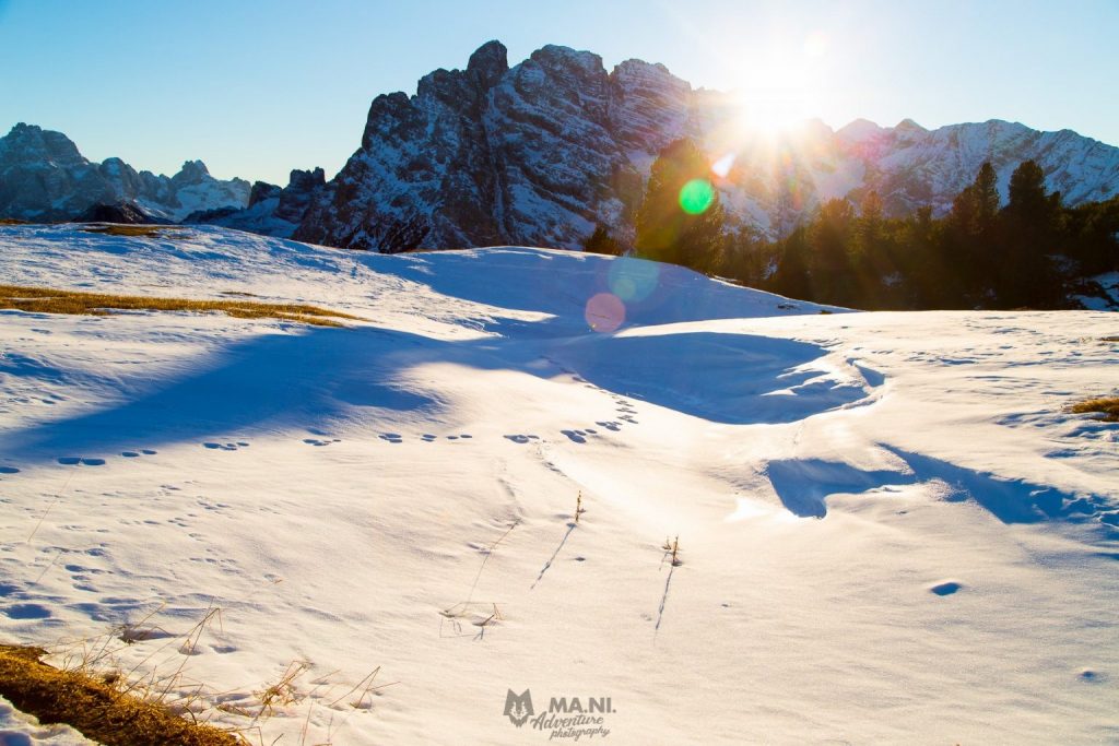 Gennaio il sole tramonta sul Gruppo del Cristallo, Cortina d'Ampezzo