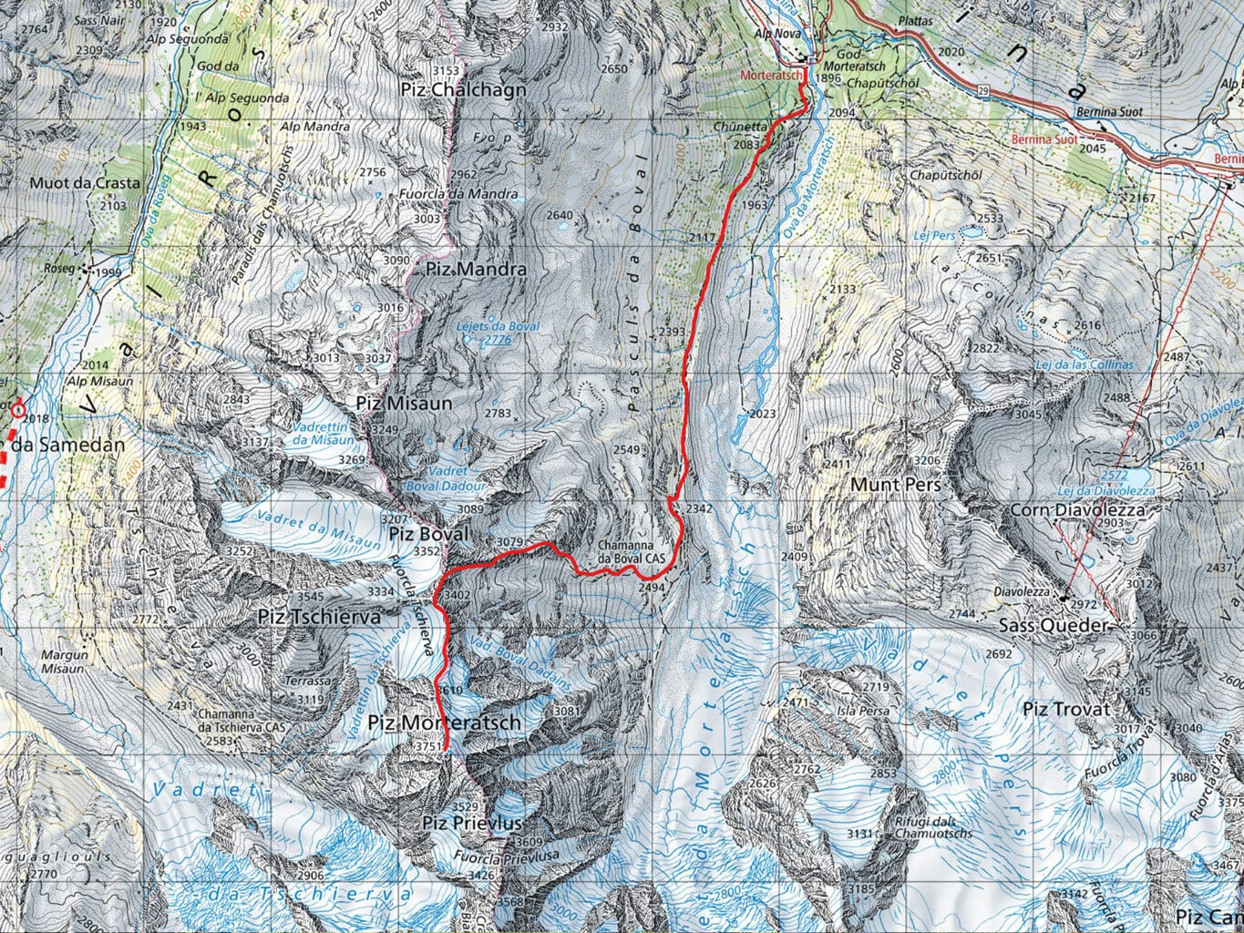 Traccia del sentiero per salire al Piz Morteratsch