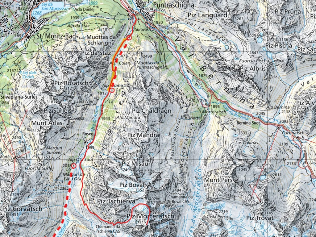La traccia della salita da Pontresina al Piz Morteratsch